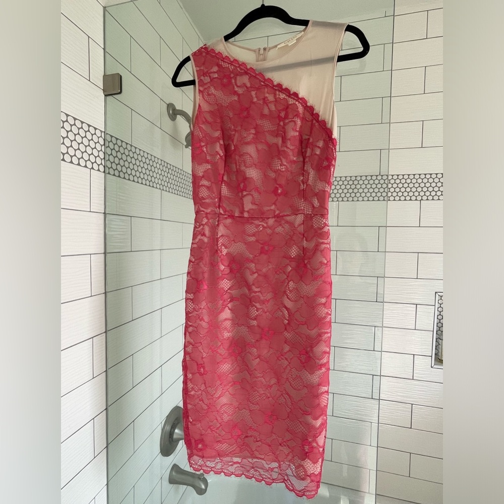 Erin Fetherston sheer off shoulder cocktail dress. EUC. Size 0.